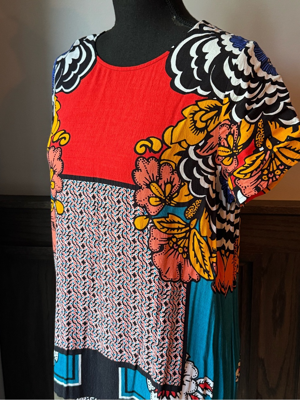 Express Bold Floral Patchwork Mini Dress - Red, Yellow, Blue, Black, Cream - Picture 6 of 7